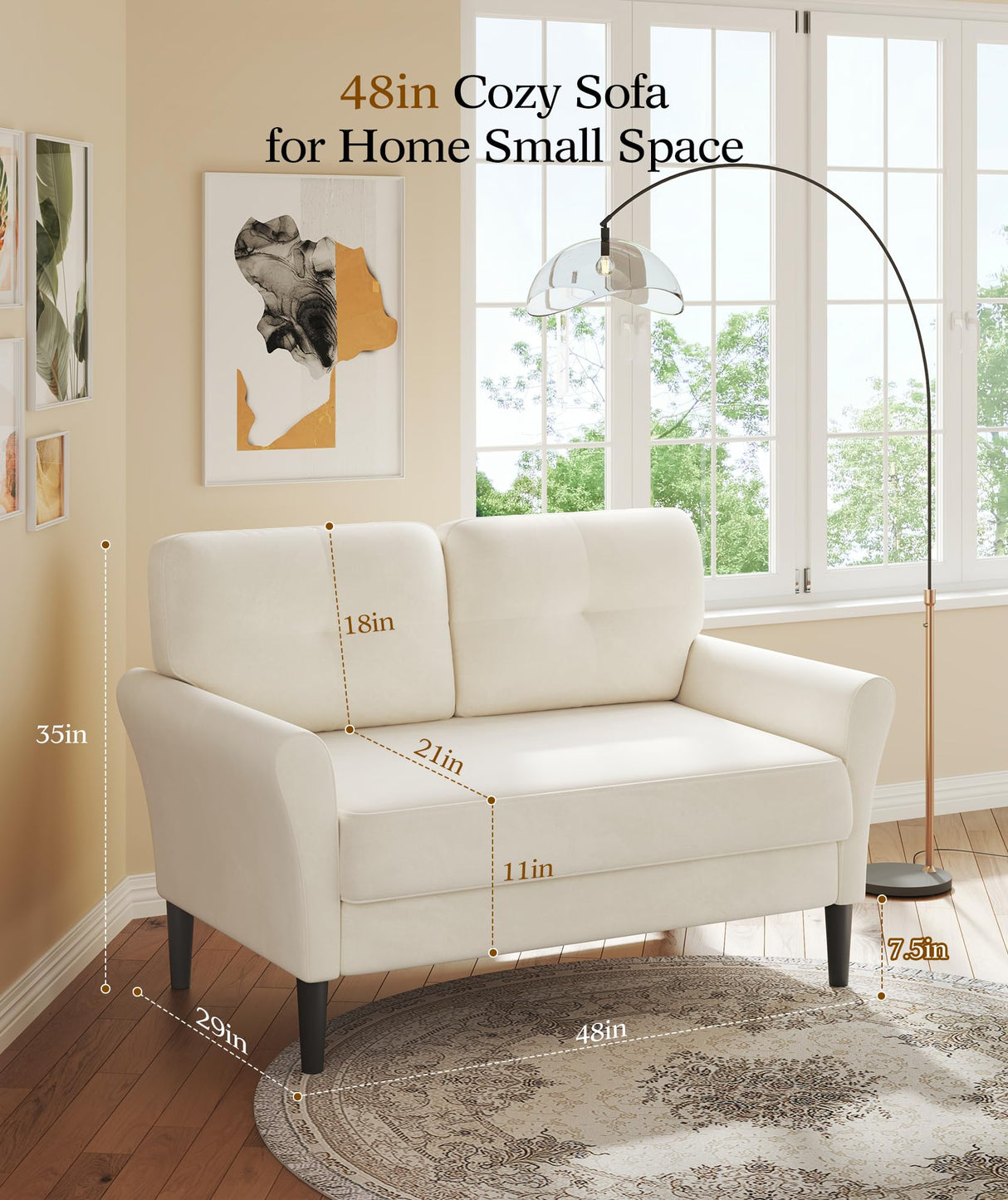 Kidirect 48" Loveseat Sofa, Small Couch for Bedroom, Comfy Love Seat with 21in Extra Deep Seats, 2 Seats Sofa Couch for Small Spaces, Apartment, Tool-Free Setup Mini Couch, Beige White Velvet Couch Kidirect