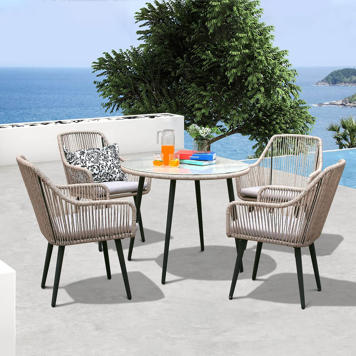 Patiorama 5-Piece Patio Dining Set, Outdoor Dining Table Chair Set, All-Weather Twisted Rattan Wicker Rope Conversation Set, Patio Furniture Set w/Umbrella Hole, 4 Cushioned Chairs&Glass Table(Tan) Patiorama