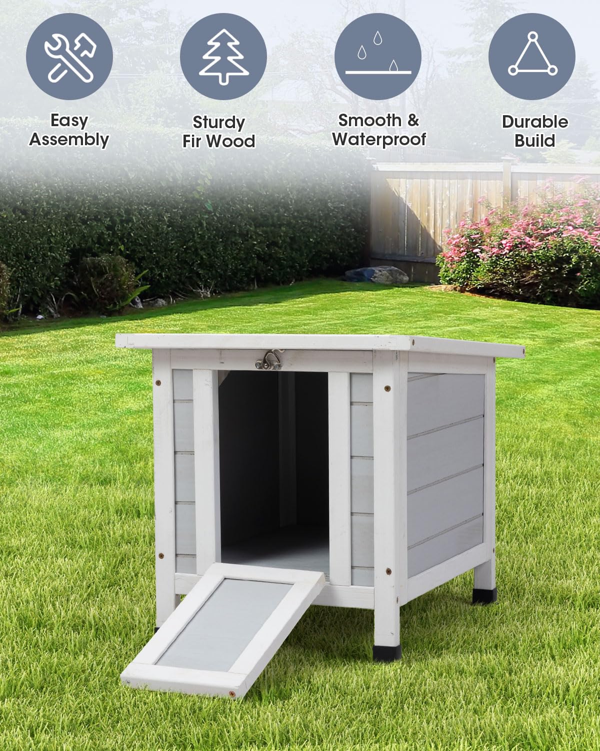 SANDINRAYLI Outdoor Cat House, Outside Rabbit Hutch Weatherproof, Small Bunny Hutch for 2 Rabbits, Wooden Cat Shelter for Duck, Chicken, Insulated Cat Houses and Hideouts for Feral Cat, Grey Sandinrayli