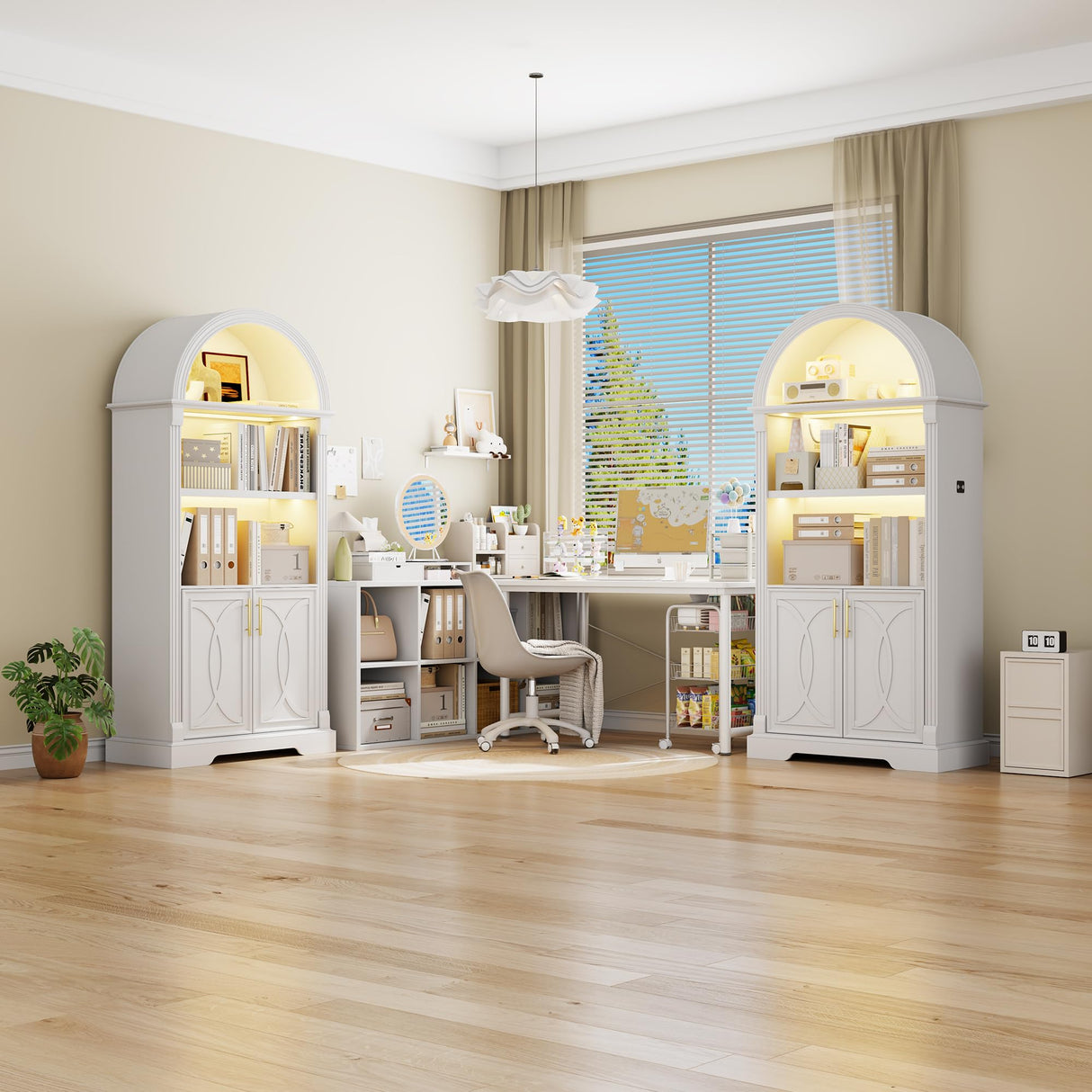 Vlsrka 71" Tall Arched Kitchen Pantry Cabinets, Wood Kitchen Storage Cabinets/Arched Bookshelf/Bookcase,China Cabinet with Open & Adjustable Shelves, Induction LED Light (White 2 PCS) Vlsrka