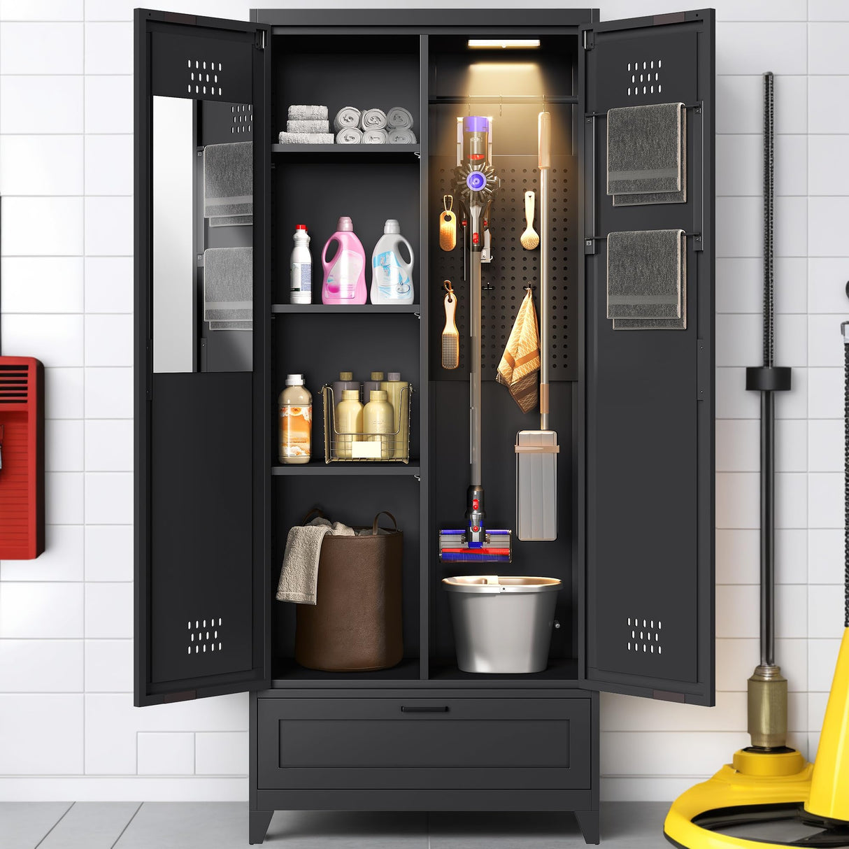 YITAHOME 71" Metal Garage Broom Cabinets with Adjustable Shelves, Vacuum Storage Cabinet with Doors and Drawer, Tool Storage Cabinet for Gym, Basement, Warehouse, Living Room, Black YITAHOME