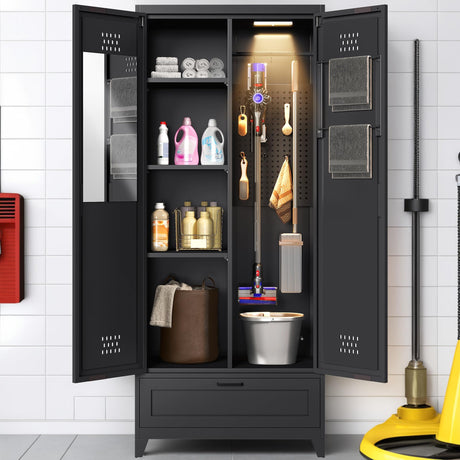 YITAHOME 71" Metal Garage Broom Cabinets with Adjustable Shelves, Vacuum Storage Cabinet with Doors and Drawer, Tool Storage Cabinet for Gym, Basement, Warehouse, Living Room, Black YITAHOME