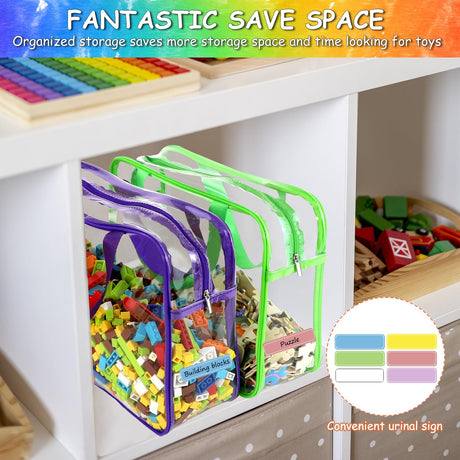 6 Packs Large Toy Storage Bags with Labels, Reusable Clear PVC Board Game Storage, Travel Waterproof Organizer Bags with Zipper for Building Blocks, Puzzle, Kids Books（6 Colors） OPELETNNT