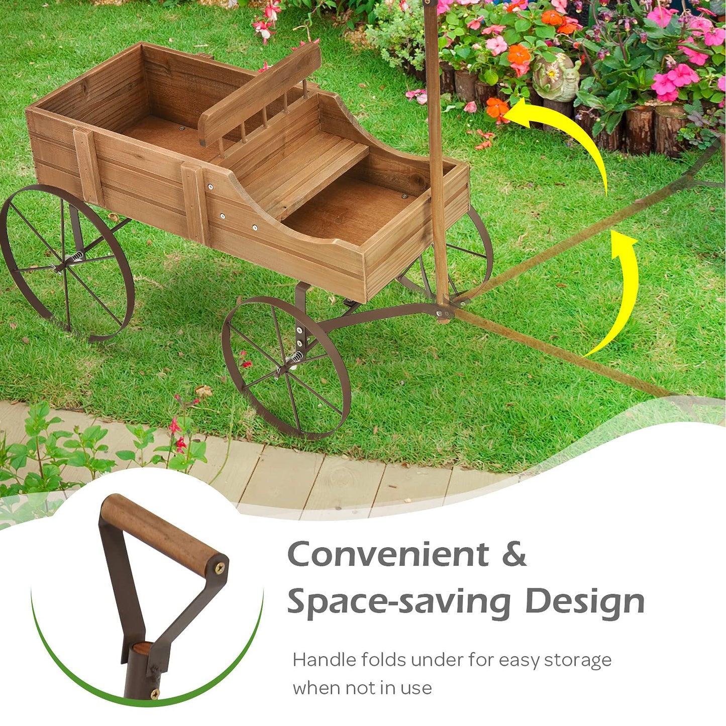 Giantex Decorative Garden Planter, Small Wagon Cart with Metal Wheels, Wood Raised Beds Plant Pot Stand for Backyard Garden Patio 24.5"x13.5"x24" (Natural)