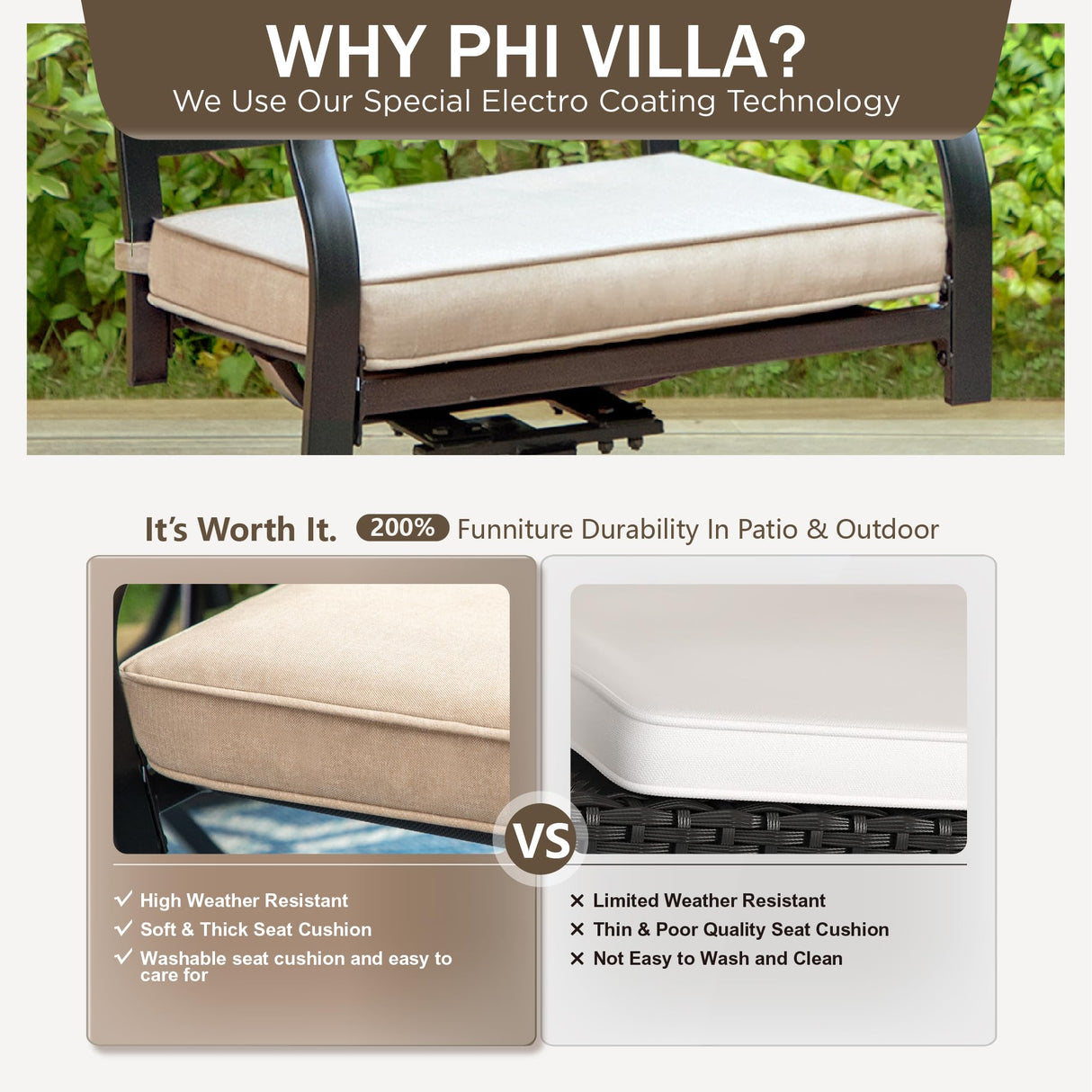PHI VILLA 5-Piece Outdoor Dining Set, 4 Steel Metal Swivel Patio Chairs & 1 Square Dining Table, Wood-Like Pattern Armrest PHI VILLA