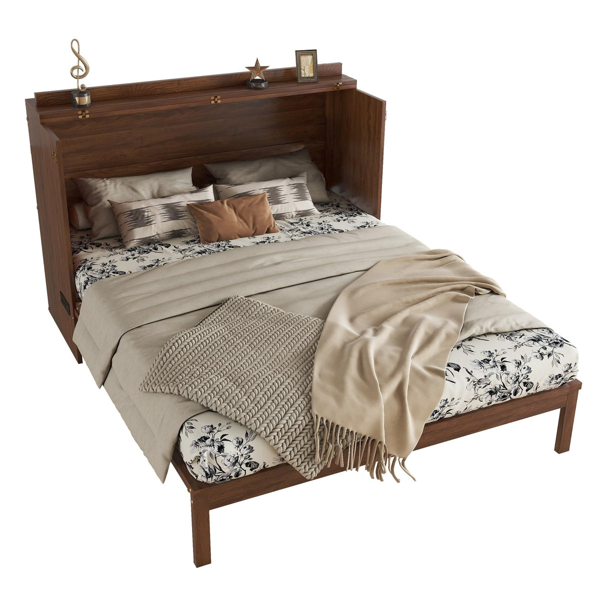 VilroCaz Queen Size Murphy Bed with Unique Rattan Decoration& Large Drawer and Charging Station, Wood Cabinet Bed, Can be Folded Platform Bed for Guest Room Home Office (Walnut-4.14) VilroCaz