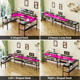 iSunirm U Shaped Computer Desk, Customizable L Shaped Office Desk with Adjustable Monitor Stand & Power Outlets & LED Strip Lights, Large Reversible Gaming Desk with Storage Shelves, Black iSunirm
