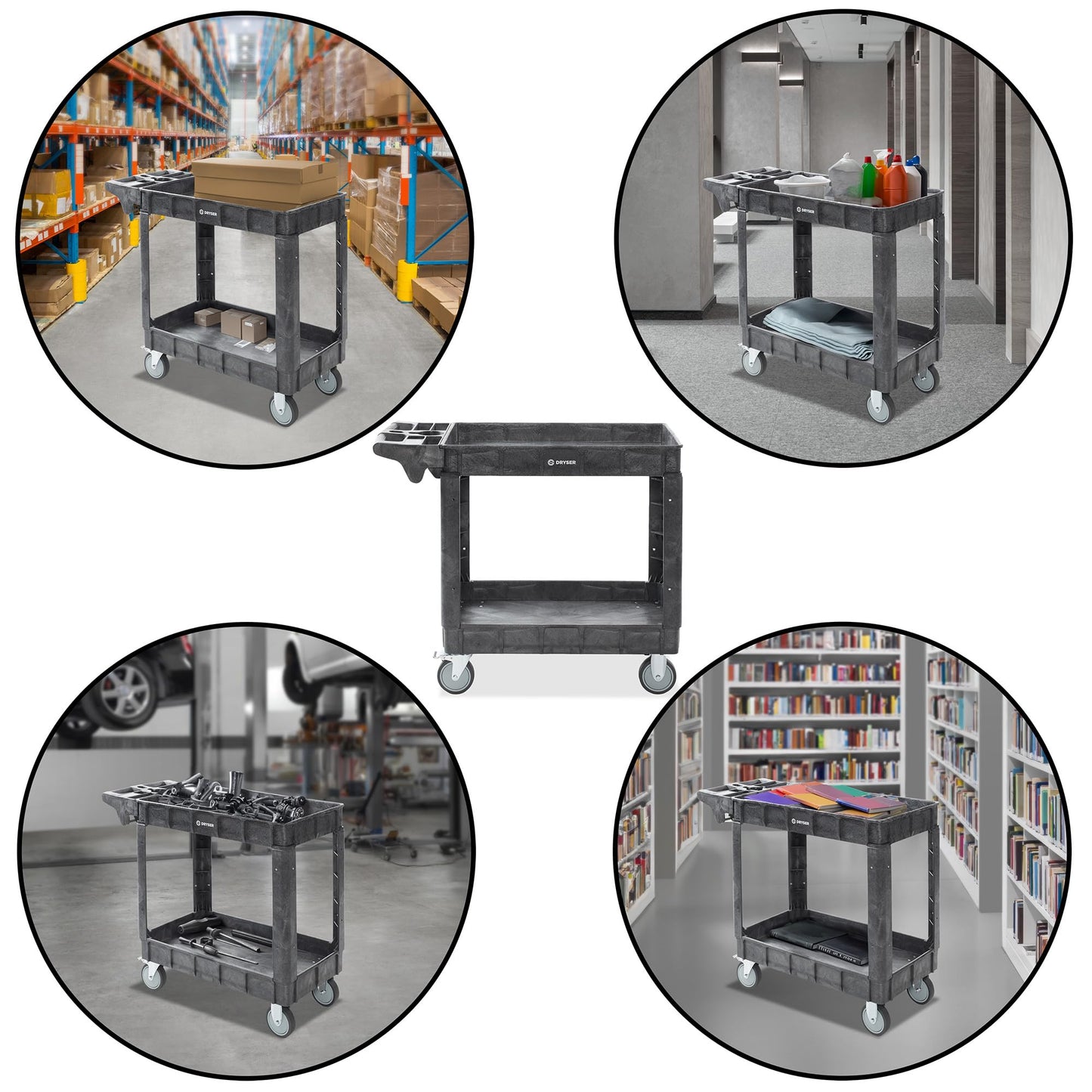 Dryser Utility Service Cart with Wheels, 40" x 17" Heavy Duty 550 lb. Capacity with Shelves - 2 Tier Rolling Cart with Two 5" Swivel Casters for Warehouse, Garage, Cleaning - WoodArtSupply