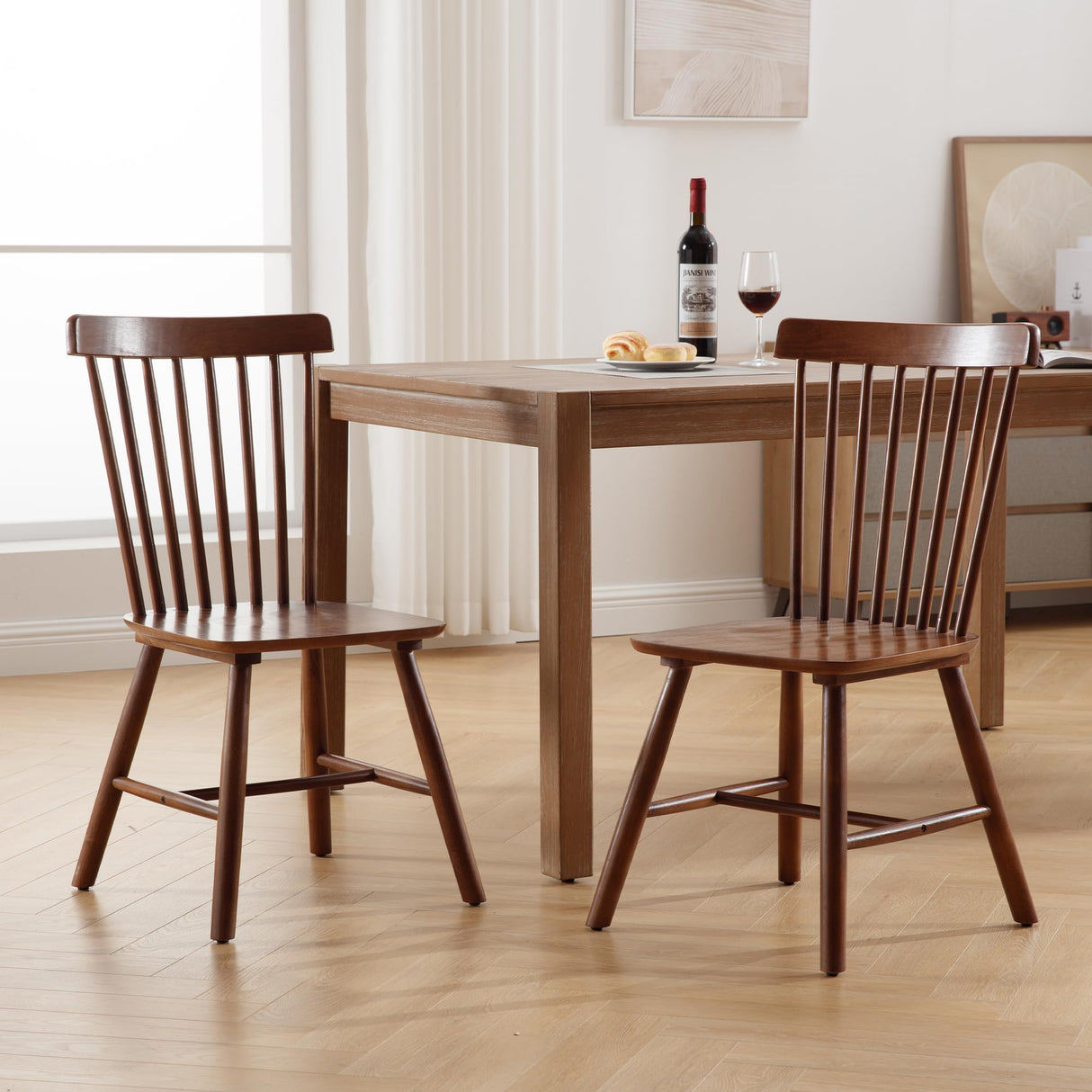 LZAREAL Farmhouse Dining Chairs Set of 2 Wooden Kitchen Chairs Mid Century Modern Spindle Chair French Country Windsor Dining Chairs for Dinning Room Kitchen Restaurant Bar Canteen Library, Walnut LZAREAL