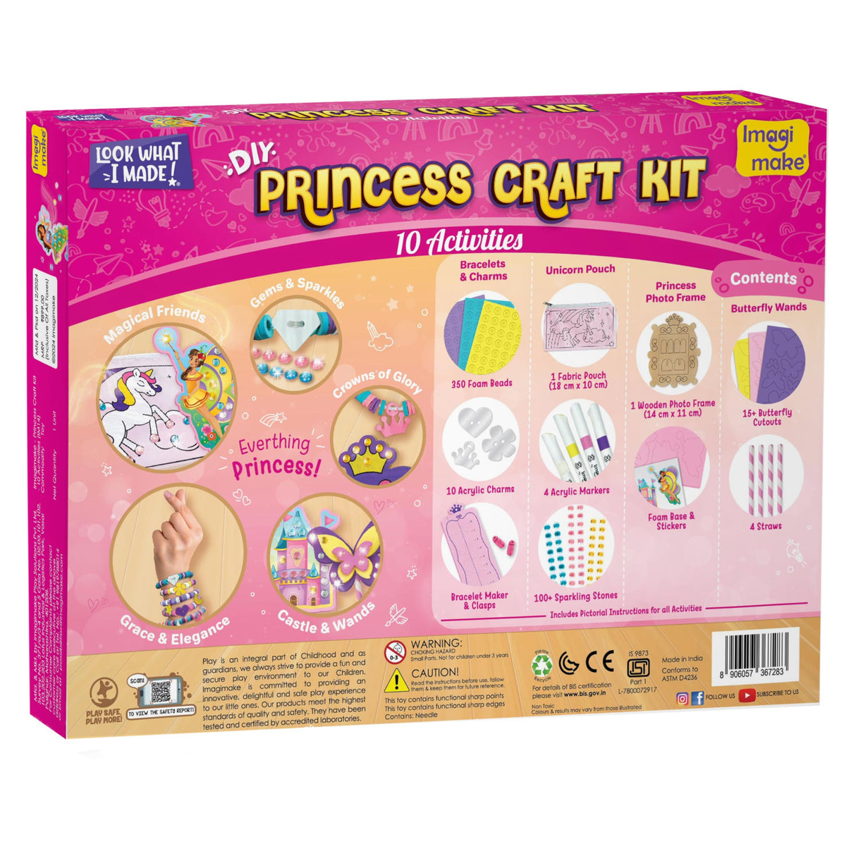 Imagimake Princess Craft Kit | 10 Mess-Free DIY Activities | Bracelet Making Kit, Unicorn Pouch, Butterfly Wands & Photo Frame | Girls Toys Age 6-8 | 5,6,7,8,9,10,11,12 Year Old Girl Birthday Gifts Imagimake