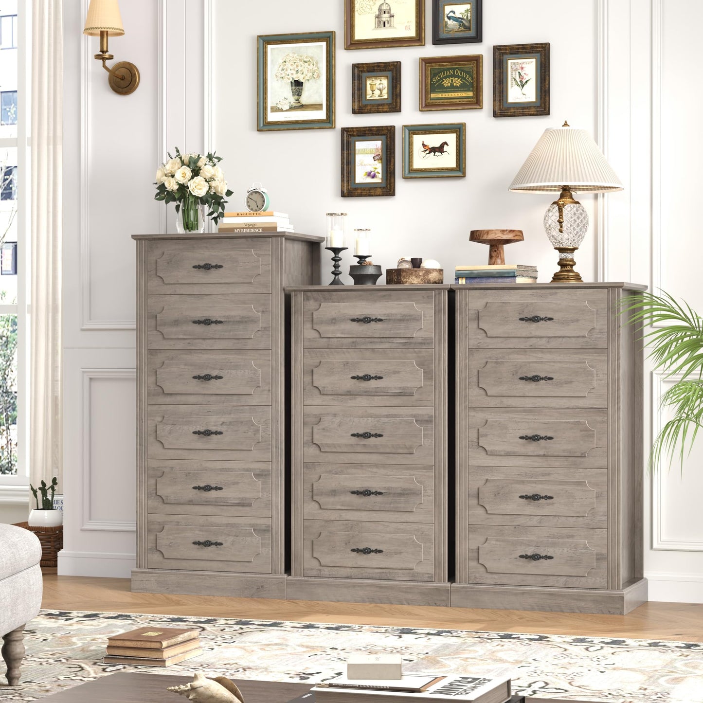 finetones 6 Drawer Grey Dresser, 51" Tall Dresser Wood Dresser Chest of Drawers with Large Storage Space, 6 Drawer Dresser Tall Floor Storage Cabinet for Home Office, Ash Grey - WoodArtSupply