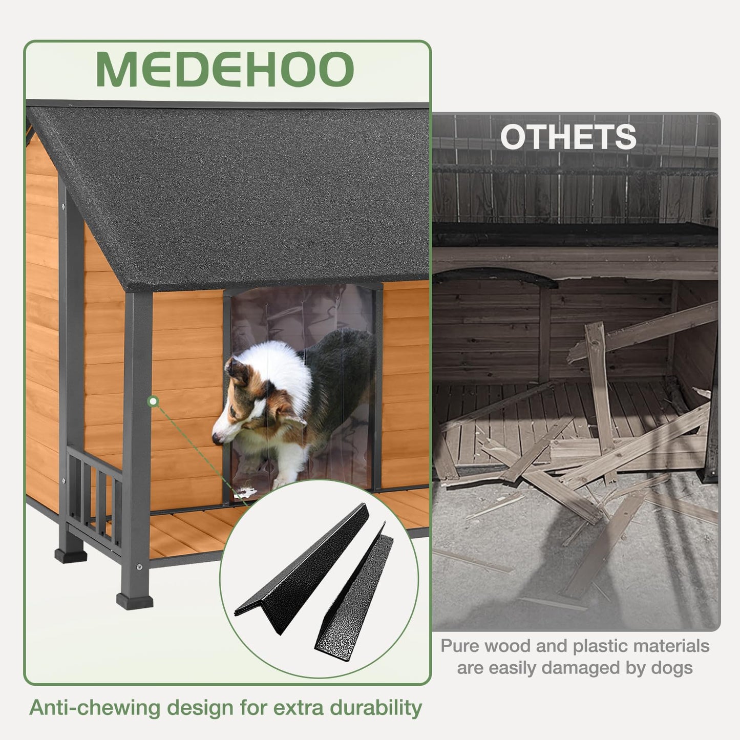 MEDEHOO Outdoor Weatherproof Dog House - Easy to Assemble Puppy Shelter with All-Around Iron Frame & Fir Wood - Ideal for Large Dog Breed - WoodArtSupply