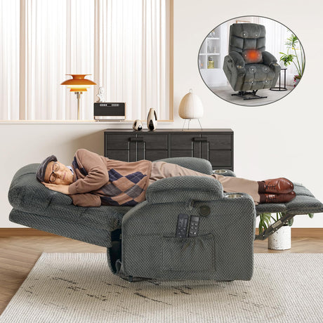 CDCASA Oversized Dual Motor Lay Flat Power Lift Recliner Chair with Massage, Heating, Textile Infinite Position Large Recliner Chairs for Big & Elderly People, Lumbar Pillow, USB & Type-C Ports, Grey CDCASA