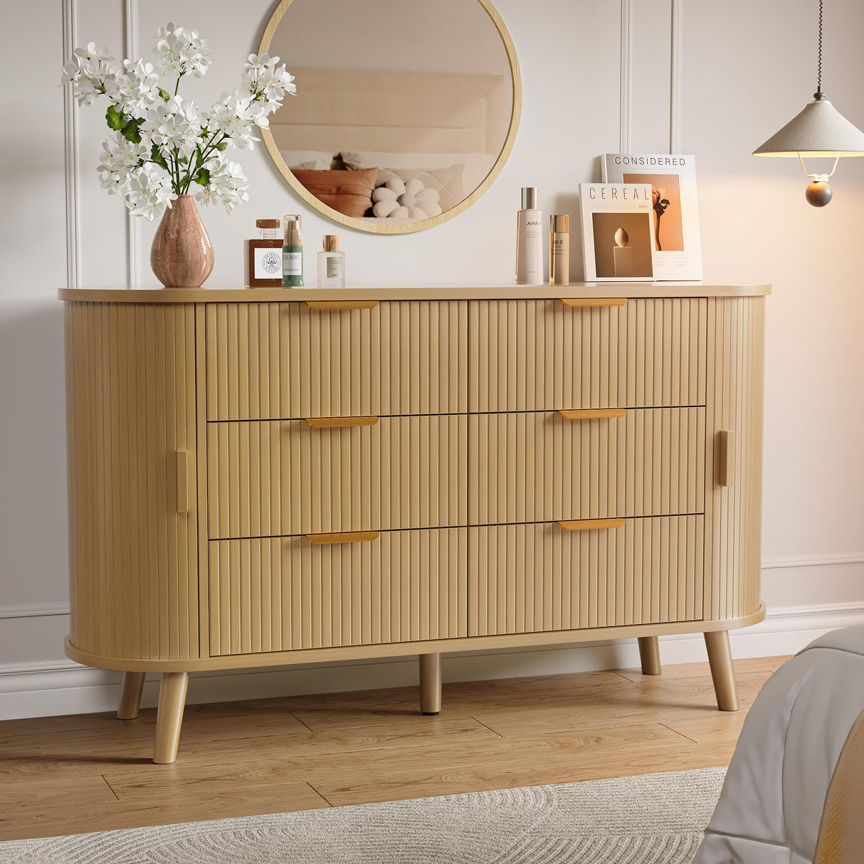 Decofy Fluted 6 Drawers Dresser, 55'' Wide Mid Century Modern Chest of Drawers with Sliding Door & Metal Handles, Curved Profile & Sturdy Legs, Wood TV Stand for Bedroom, Living Room (Natural Oak) Decofy