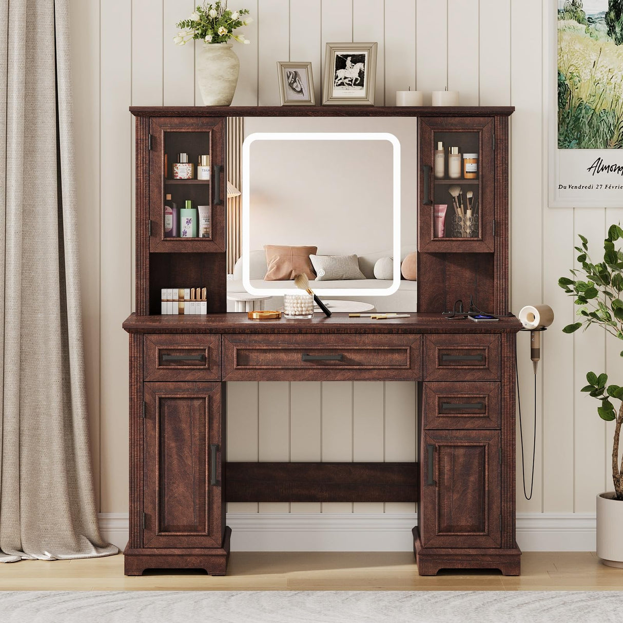 Maupvit Farmhouse Vanity Desk with Mirror and Lights, Makeup Vanity Table with Charging Station, 45" Bedroom Table with 4 Drawers and Cabinets, 3 Lighting Modes, Brown Maupvit