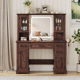 Maupvit Farmhouse Vanity Desk with Mirror and Lights, Makeup Vanity Table with Charging Station, 45" Bedroom Table with 4 Drawers and Cabinets, 3 Lighting Modes, Brown Maupvit