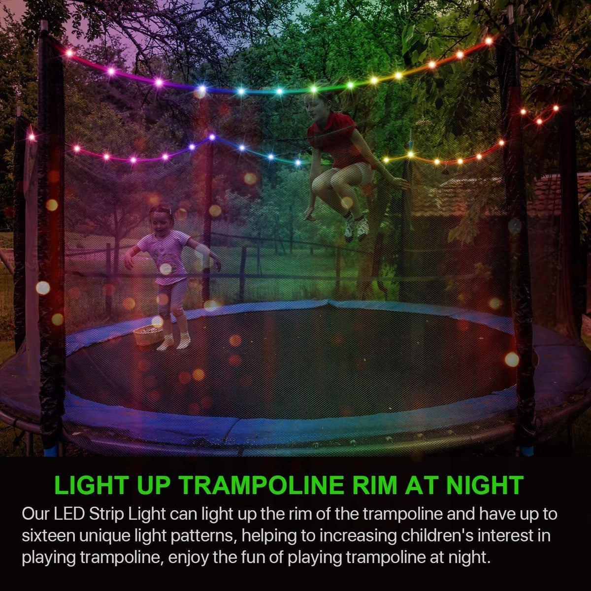【Upgraded APP Control Version】 LED Trampoline Lights, APP and Remote Control Trampoline Rim LED Light for 14Ft Trampoline, C Battery Box, 16 Color Change, Waterproof, Bright to Play at Night Outdoors Eliteemo
