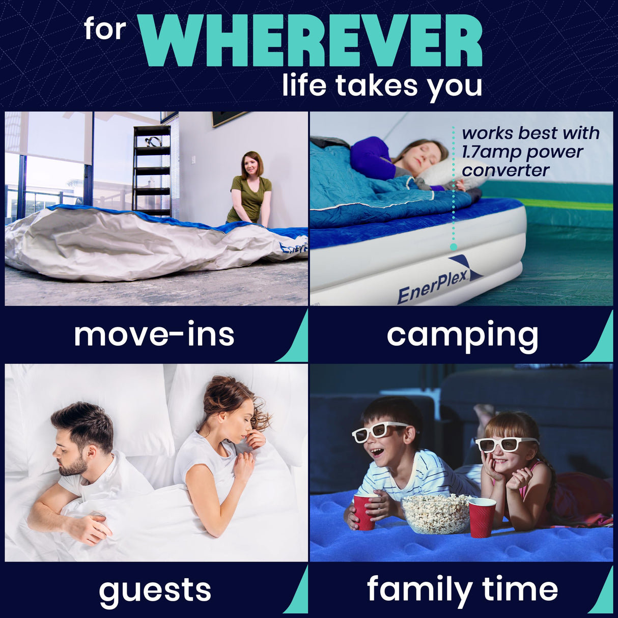 EnerPlex Queen Air Mattress with Built-in Pump - 16 Inch Double Height Inflatable Mattress for Camping, Home & Portable Travel - Durable Blow Up Bed with Dual Pump - Easy to Inflate/Quick Set Up﻿ EnerPlex