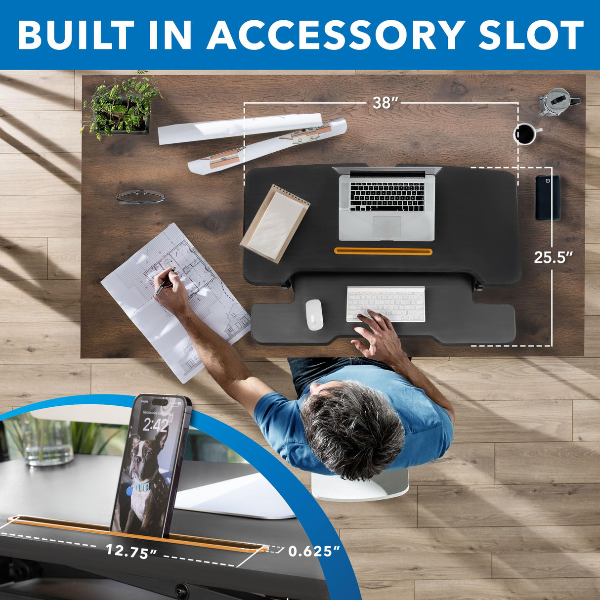 Mount-It! Electric Standing Desk Converter with 38" Tabletop, Height Adjustable Sit Stand Desk Riser, Motorized Desk Riser with Keyboard Tray and Device Slot, Fits Monitor & Laptop, Black Mount-It!