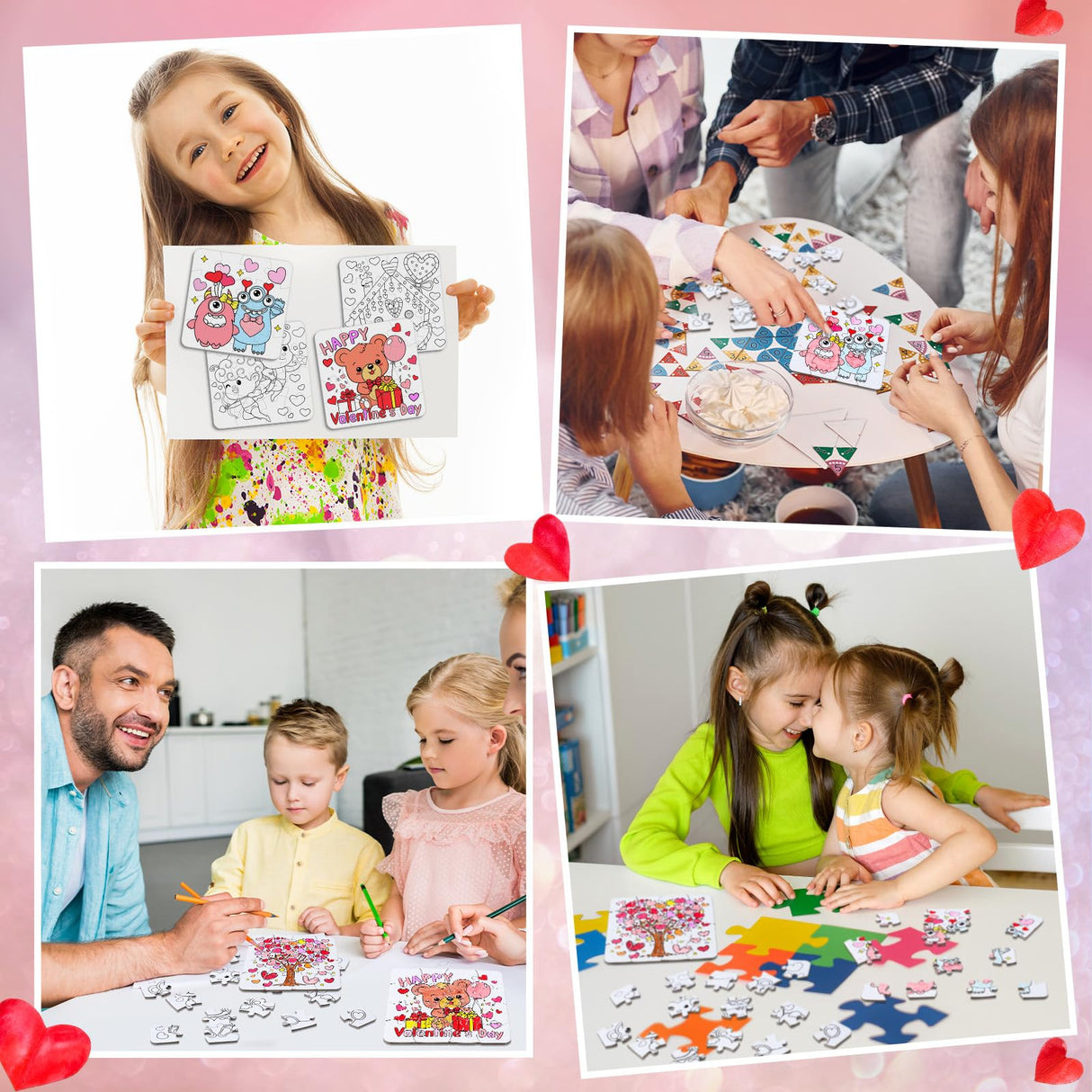 Realspring 24 Pack Color Your Own Valentine's Day Jigsaw Puzzles for Kids Coloring DIY Valentine Day Puzzle Paper Party Favors Gift Valentines Classroom Activities Educational Puzzles Jigsaw Game Toy Realspring