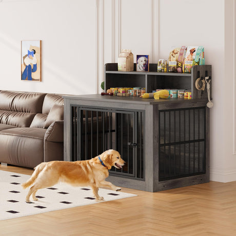 IRONCK Extra Large Dog Crate Furniture, 43.3 inches Wooden Dog Crate with Storage and 4 Hooks, Heavy Duty Pet Crate for Large Dog, Decorative Pet Cage for Indoor (30" L x 43.3" W x 41.1" H) IRONCK