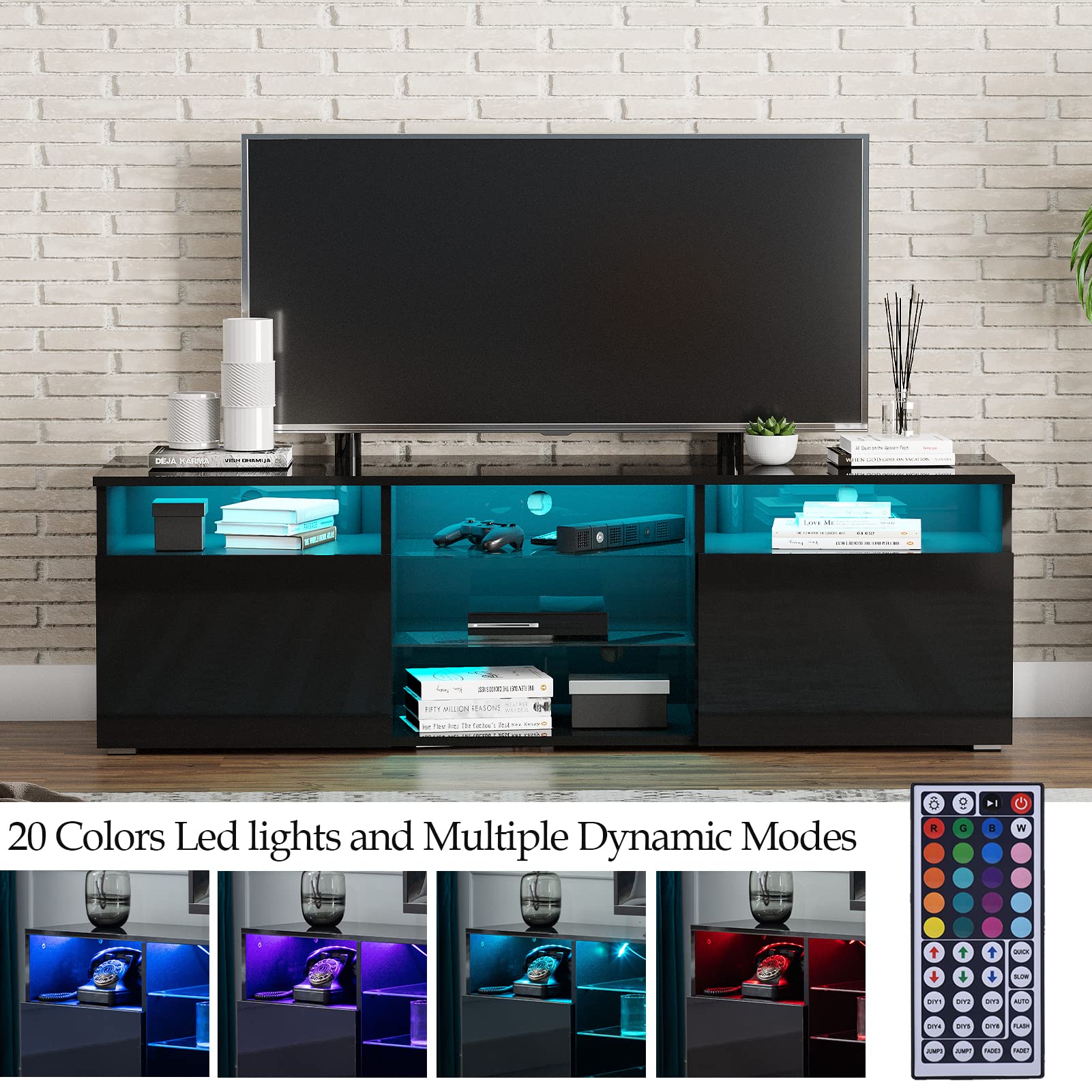 Uspeedy TV Stand,High Glossy LED TV Stand for 65 inch TV Stand,Modern TV Entertainment Center with Adjustable Storage Shelf,TV Console Table with RGB LED 20 Color Lighting(57IN Black) - WoodArtSupply