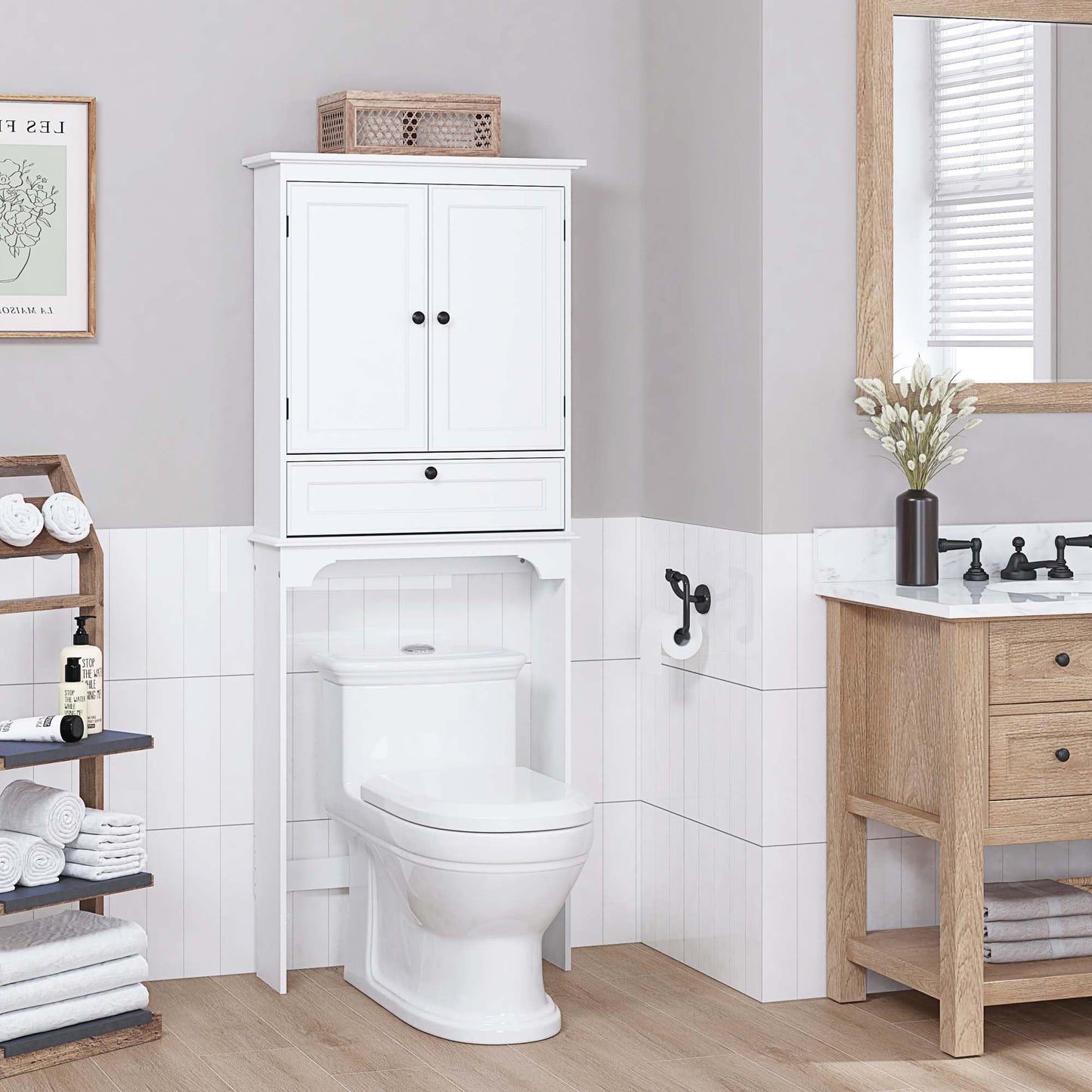 Spirich Over The Toilet Storage Cabinet, Bathroom Above Toilet Storage Cabinet with Doors and Adjustable Shelves, White