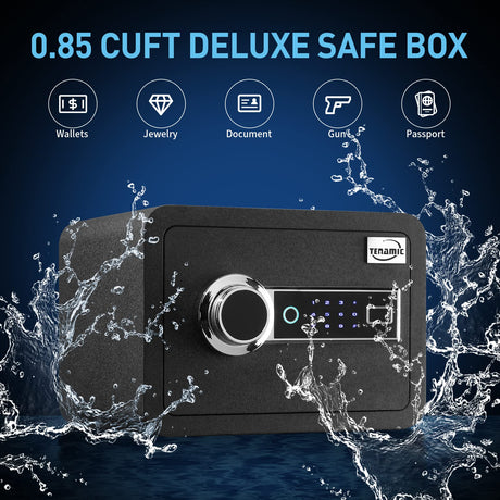Tenamic Biometric Fingerprint Safe Box 0.85 Cubic Feet Fireproof Waterproof Safe Box with Induction Light and Leather, Solid Alloy Steel Office Hotel Home Cabinet Safe, Black Tenamic