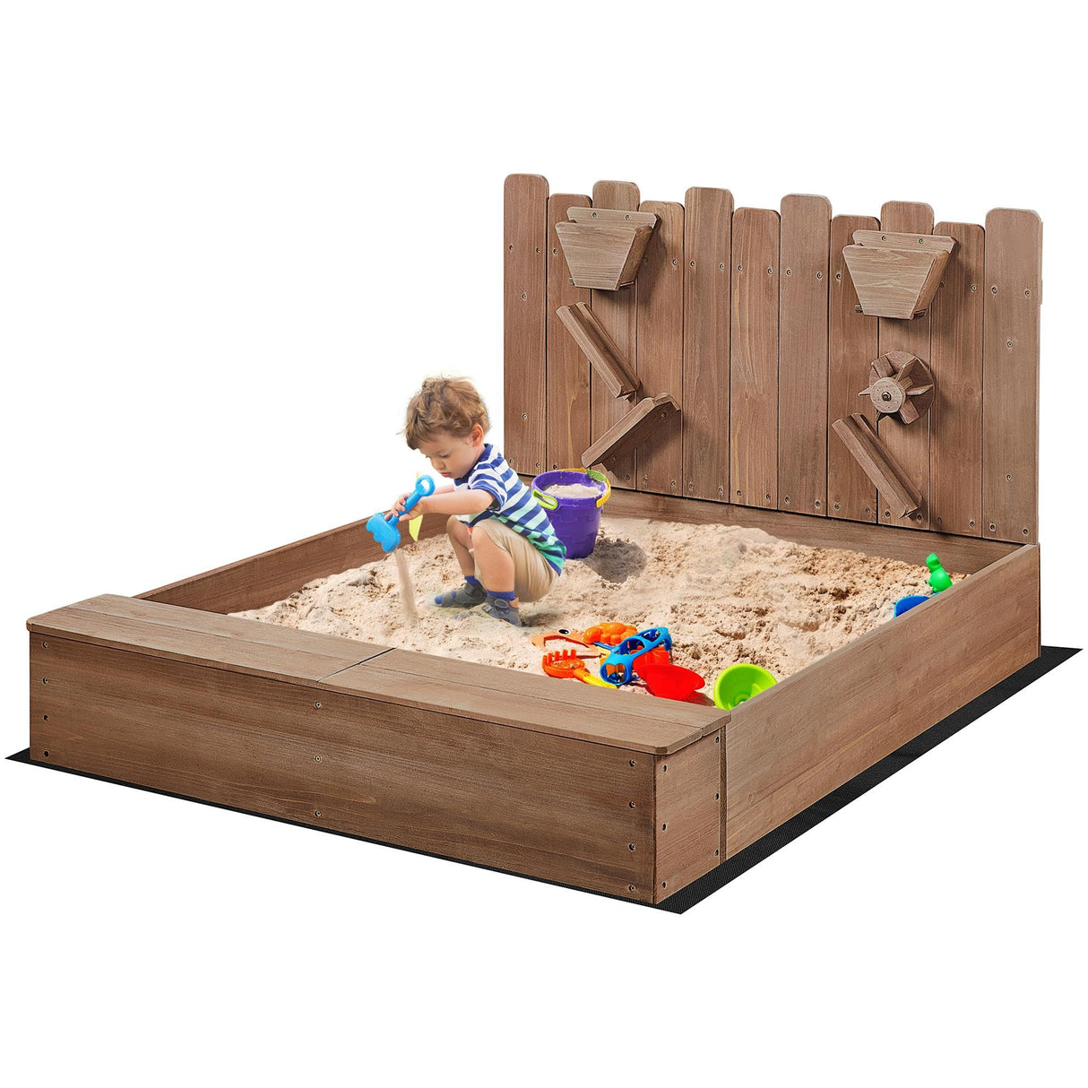 Yaheetech 53× 44.5in Wood Sand Box for Kids Ages 3-8, Sandboxes for Backyard Patio Garden Beach Outdoor Play Use, w/Fabric Liner Funnel Chutes Spinning Wheel & 2 Storage Compartments Yaheetech