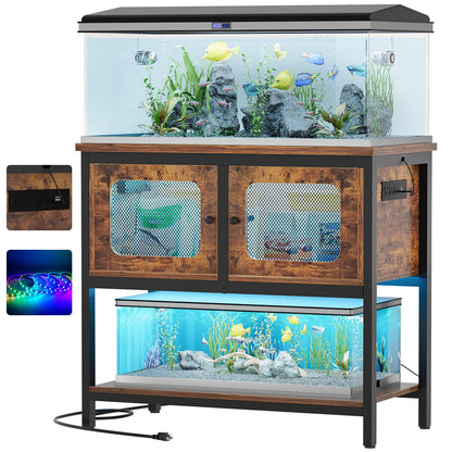 Hyomdeck 40 Gallon Fish Tank Stand with Magic Power Outlets and Smart LED Lights, Aquarium Stand with Storage Cabinet, Reptile Tank Stand with Unique Grid Door Design, Heavy Duty Metal Frame, - WoodArtSupply