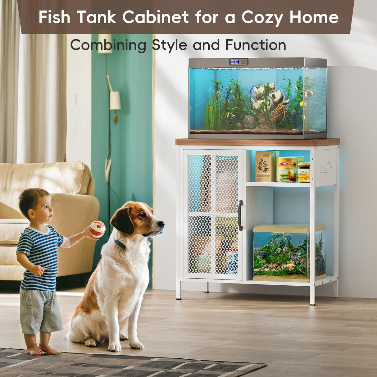 HAIOOU 20-29 Gallon Aquarium Stand with LED Light & Power Outlets, Cross Design Metal Frame Fish Tank Stand Aquarium Table with Cabinet Storage for Turtle Tank Reptile Terrarium, 360LBS Loads - White HAIOOU