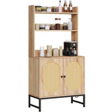 YITAHOME Bakers Rack with Storage and Power Outlet, 5 Tiers Woven Rattan Kitchen Microwave Stand Cabinet, Farmhouse Coffee Bar Station with Hutch Shelves, Oak YITAHOME