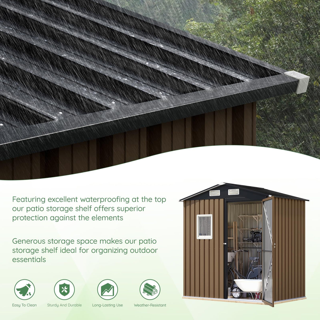 MistMo 6X4FT Outdoor Steel Storage Shed with Lockable Doors, One Window,Ideal for Garden, Backyard, Patio Storage,Brown Mistmo