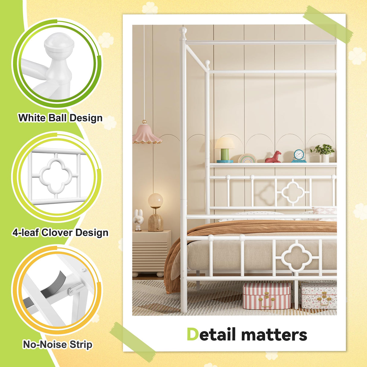 Homkdom Canopy Bed Frame with Storage Headboard, Full Size Bed Frame with 4 Removable Posts, Sturdy Metal Platform with Under-Bed Storage, Dual Purpose Bed Frame, No Box Spring Needed, White Homkdom