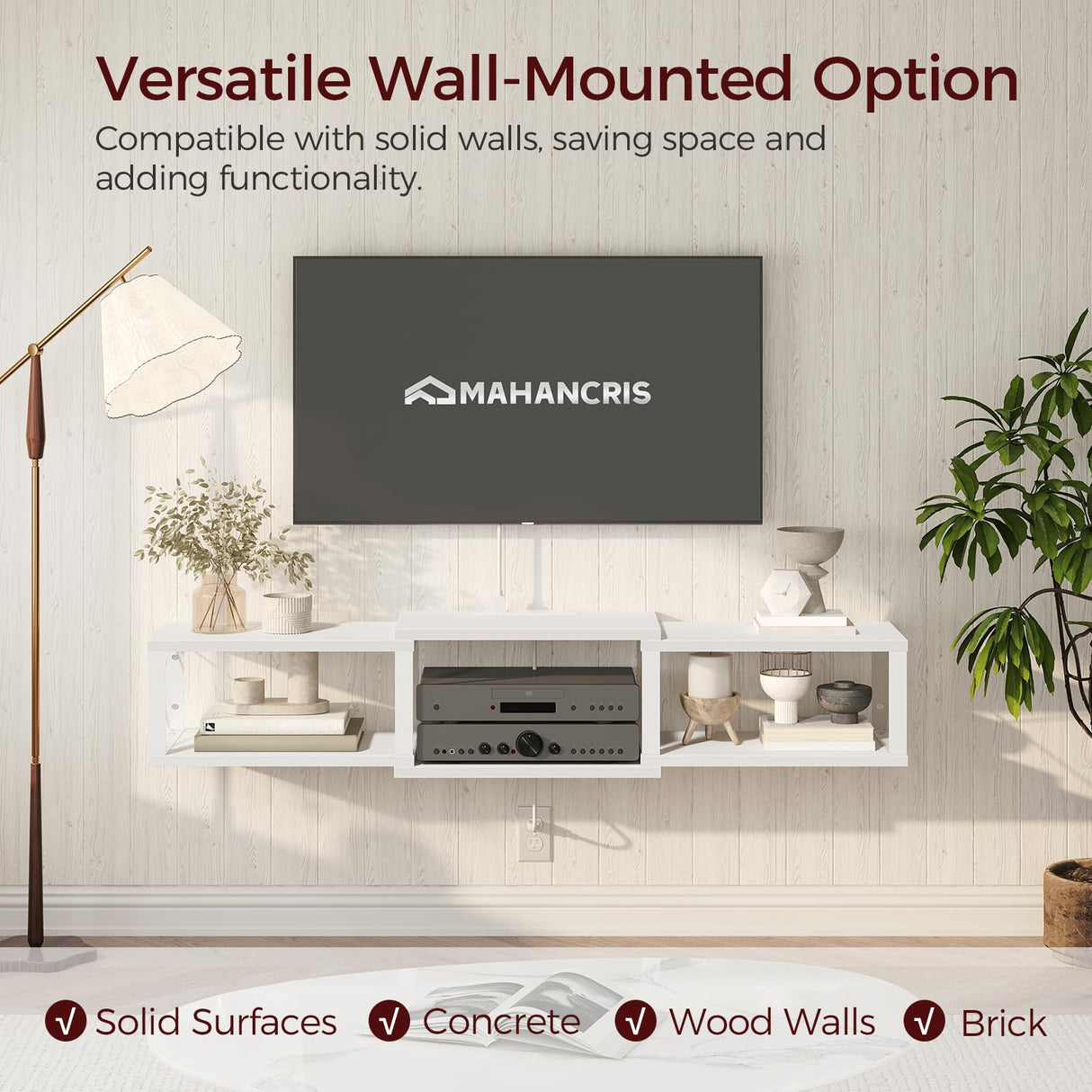 MAHANCRIS Floating TV Stand with Power Outlet, Wall-Mounted Entertainment Console Center with Storage, Floating TV Shelf for Under TV Storage, for Living Room, Bedroom, White TVBW101E01 MAHANCRIS