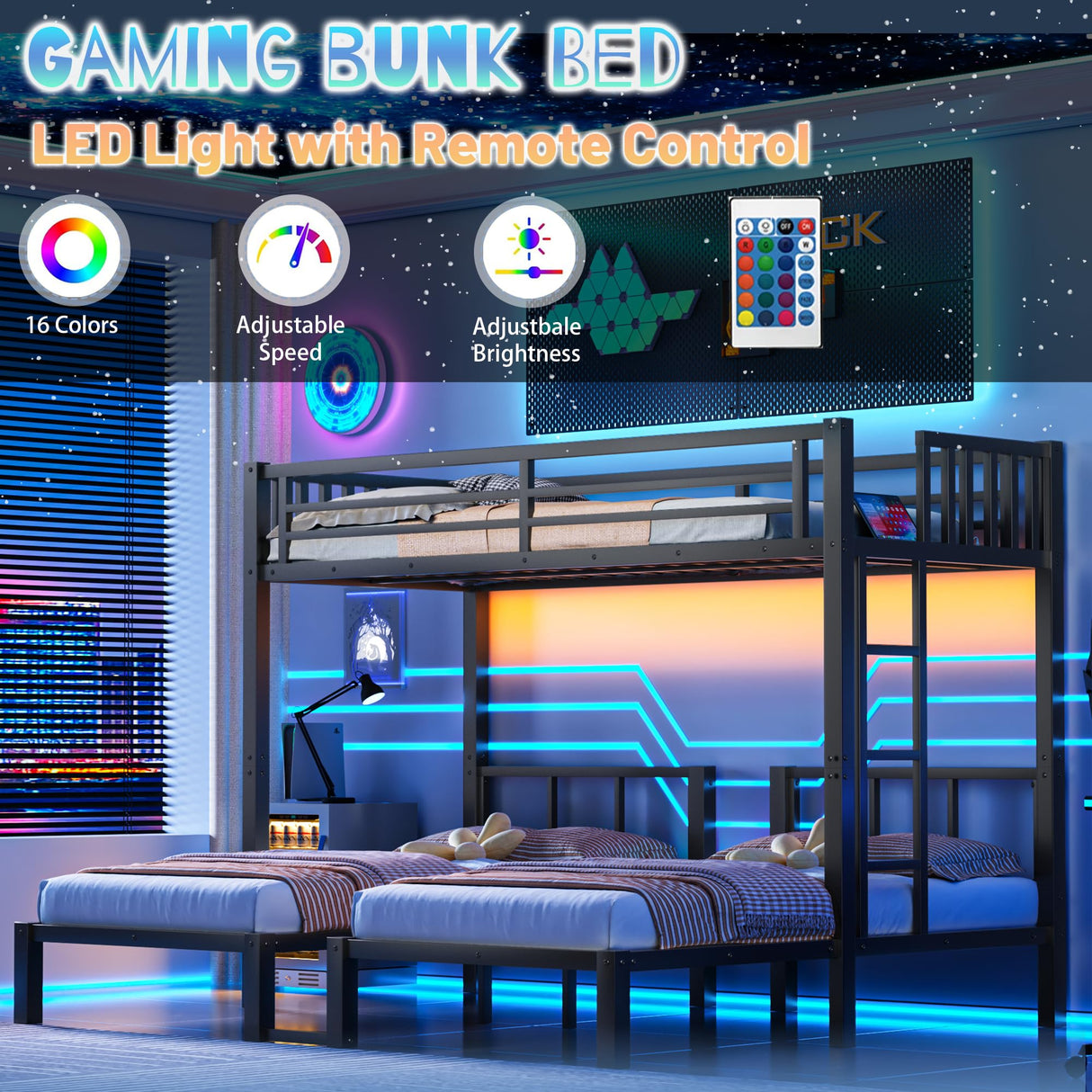 Triple Bunk Beds for Kids with LED Light,Metal 3 Beds Bunk Bed with USB Charge Station & Storage Shelf, Convertible Three Bunk Beds for Girls Boys Teens,Can be Separated into 3 Beds, Black MoproBeti