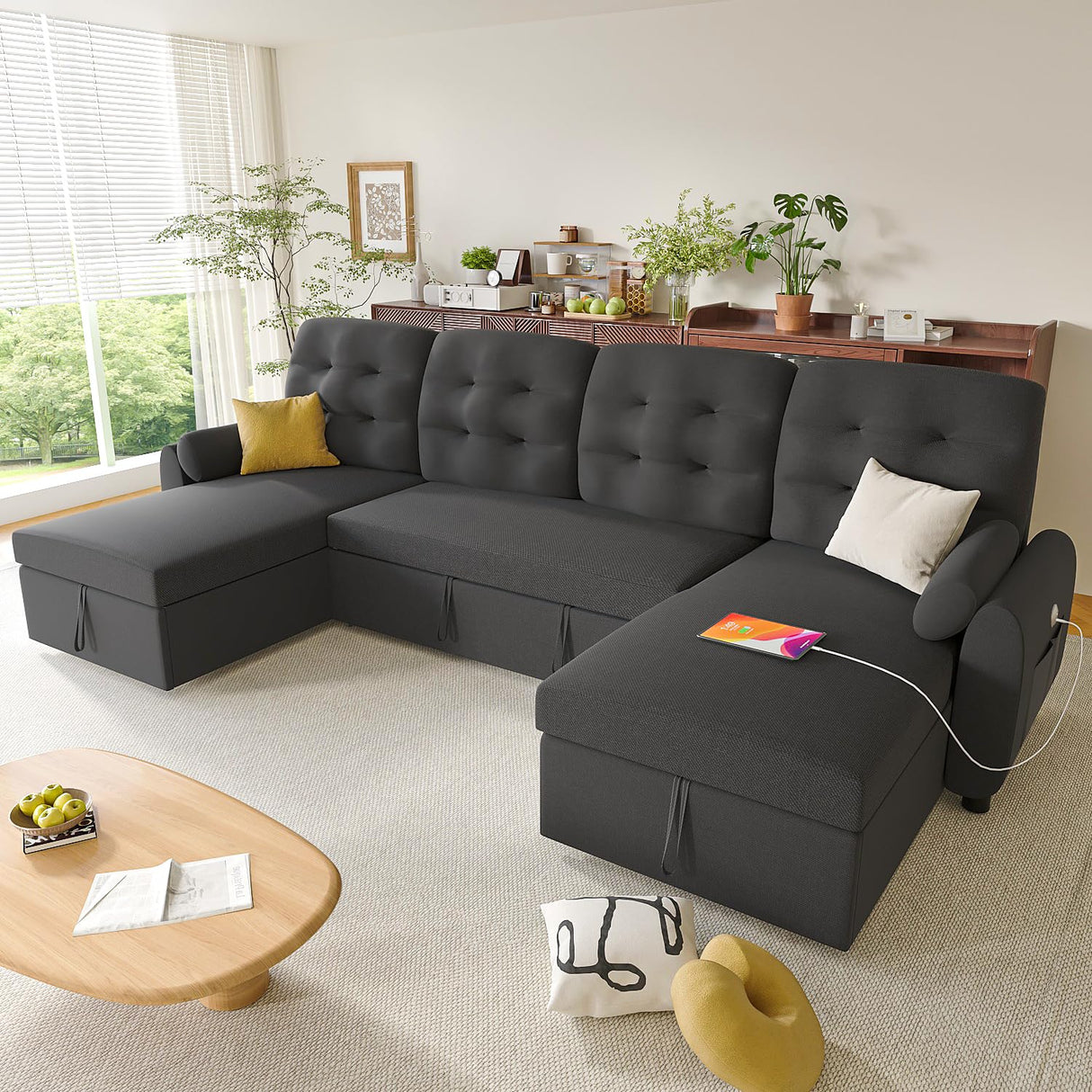 Ucloveria Sleeper Sofa Bed, 112" U-Shaped Sectional Sofa Couches for Living Room, Pull Out Couch Bed with Dual Reversible Storage Chaise | USB Ports | Side Pockets | Removable Backrest Ucloveria