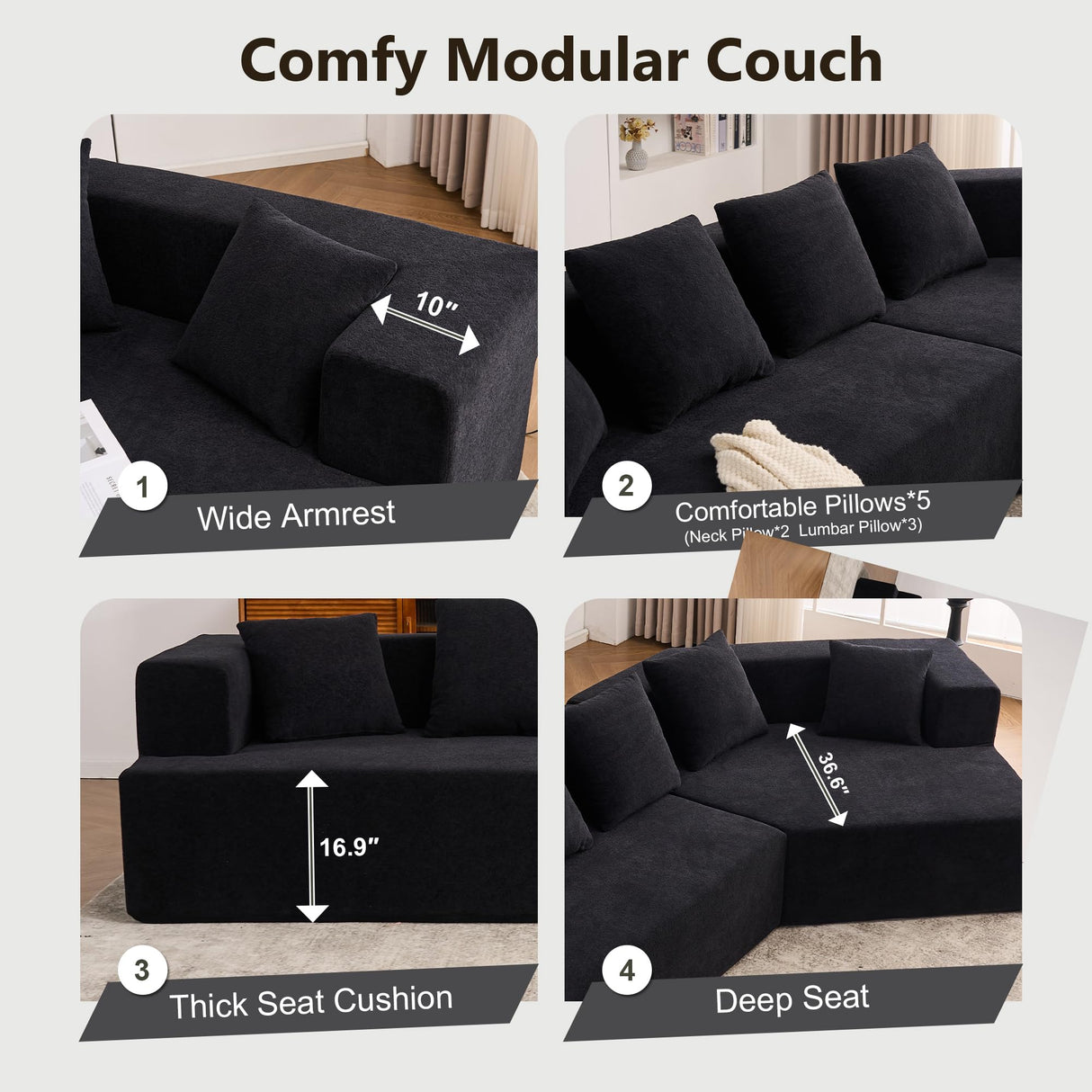 EYATZO 129.5" Modular Sectional Sofa, Modern Cloud Curved Couch with Deep Seat, Upholstered Boneless Couches for Living Room, Apartment, No Assembly Required, Chenille Fabric, Black EYATZO