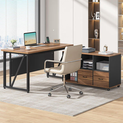 Tribesigns 55-Inch Executive Computer Desk with 43-Inch Lateral File Cabinet, Large Workstation Business Furniture, L Shaped Desk with Drawers and Storage Shelves for Home Office, Walnut - WoodArtSupply