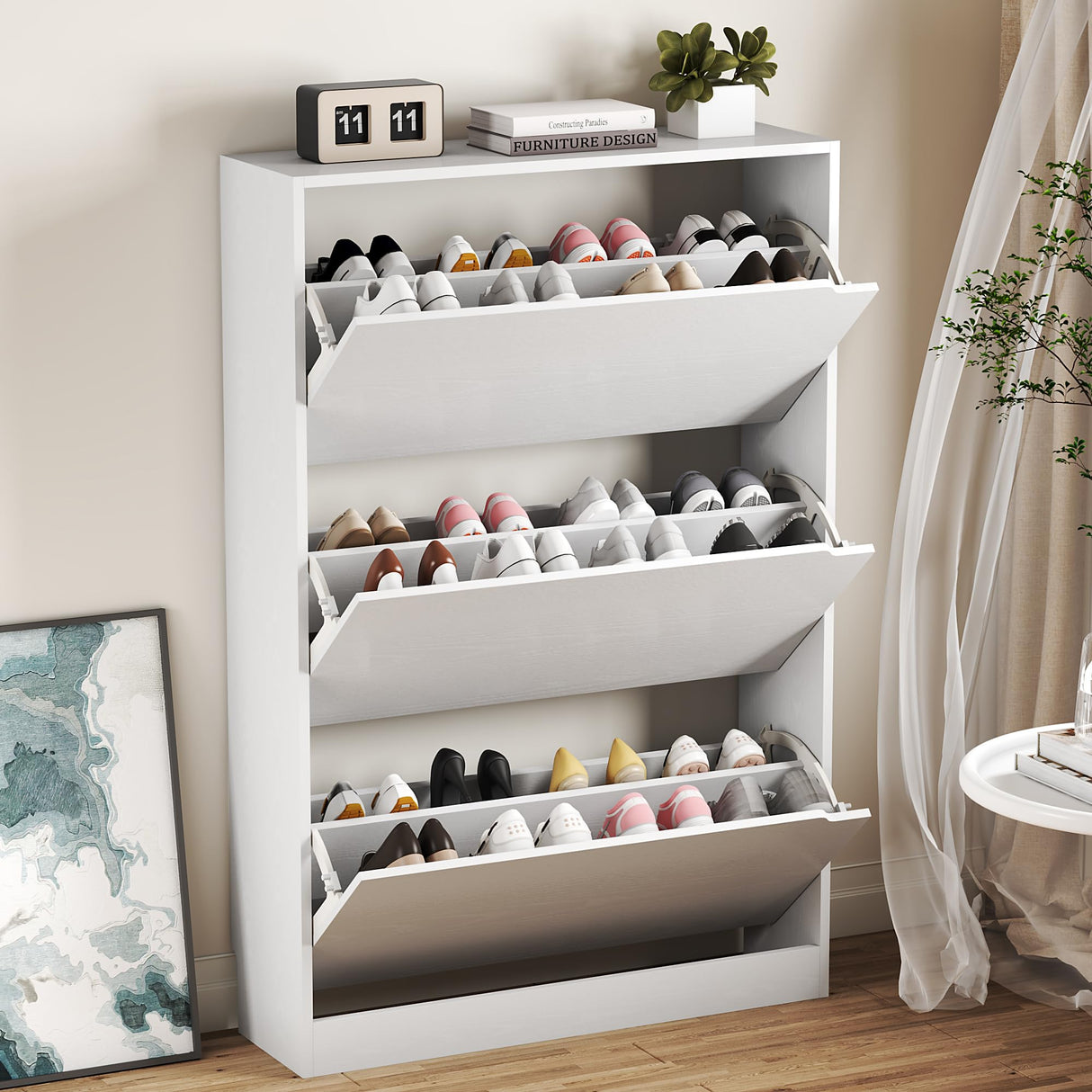 BORNOON Shoe Cabinet with 3 Flip Drawers, Hidden Wood Shoe Cabinet,Freestanding Shoe Storage Cabinet for Entryway Hallway.White. 47.2" H*31.5" W*9.25" D. BORNOON