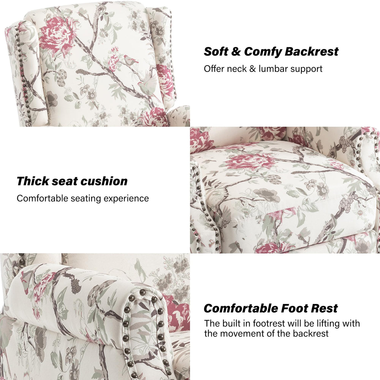 Pushback Recliner Chair Set of 2, Floral Fabric Wingback Recliner Chair, Upholstered Armchair Push Back Recliner, Rivet Trim Single Sofa Accent Chair with Wood Legs for Living Room, Plants Floral Lumibee