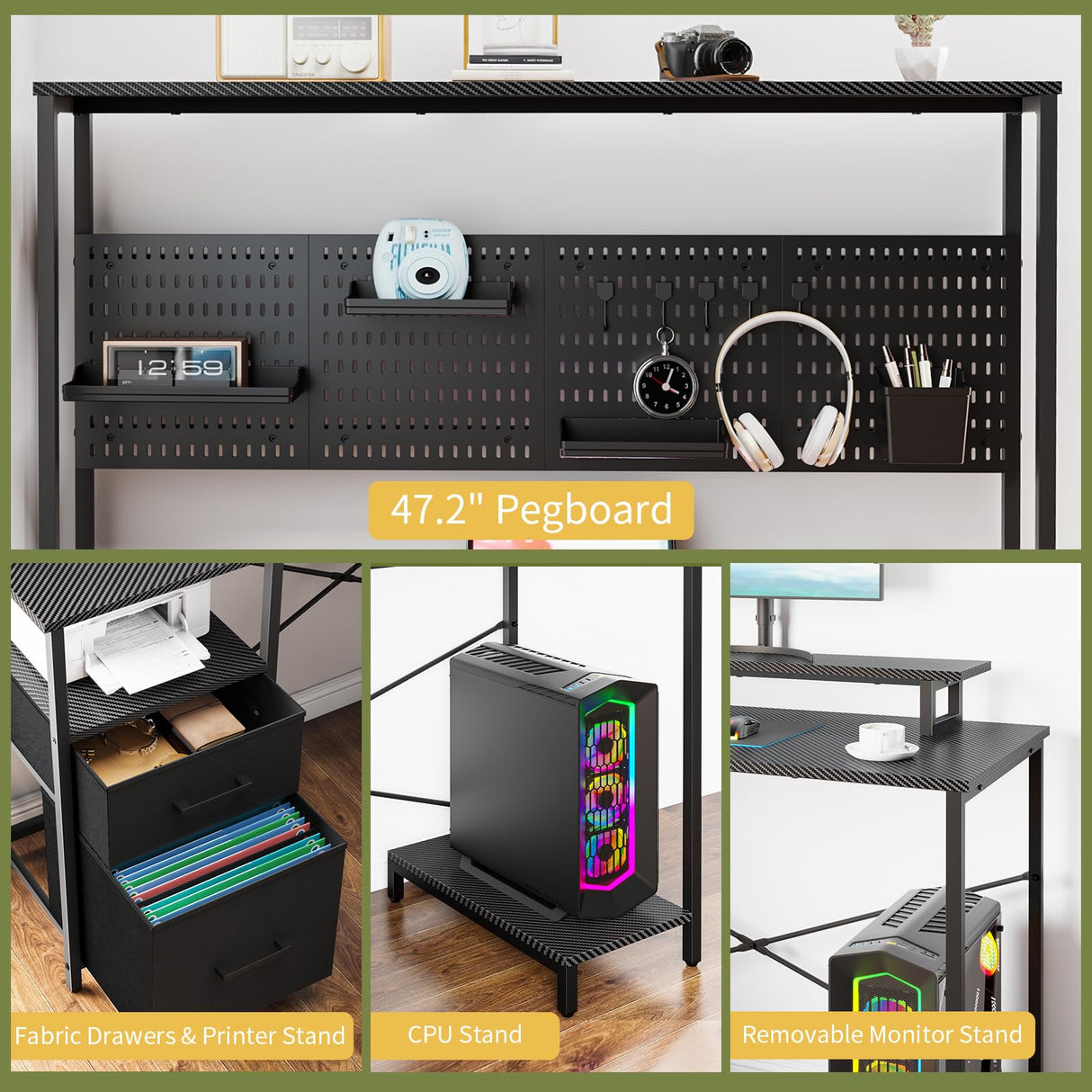 Yoobure L Shaped Desk with Pegboard, Reversible Computer Desk with Drawers & Storage Shelves, Gaming Desk with LED Lights & Power Outlets, Office Desk with Monitor Stand Corner Desk Home Office Desks Yoobure