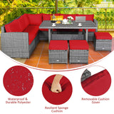 Tangkula 7 Pieces Patio Furniture Set, Outdoor Sectional Rattan Sofa Set with Cushions, All Weather Wicker Conversation Couch Set w/Dining Table & Ottomans for Backyard Garden Poolside Tangkula