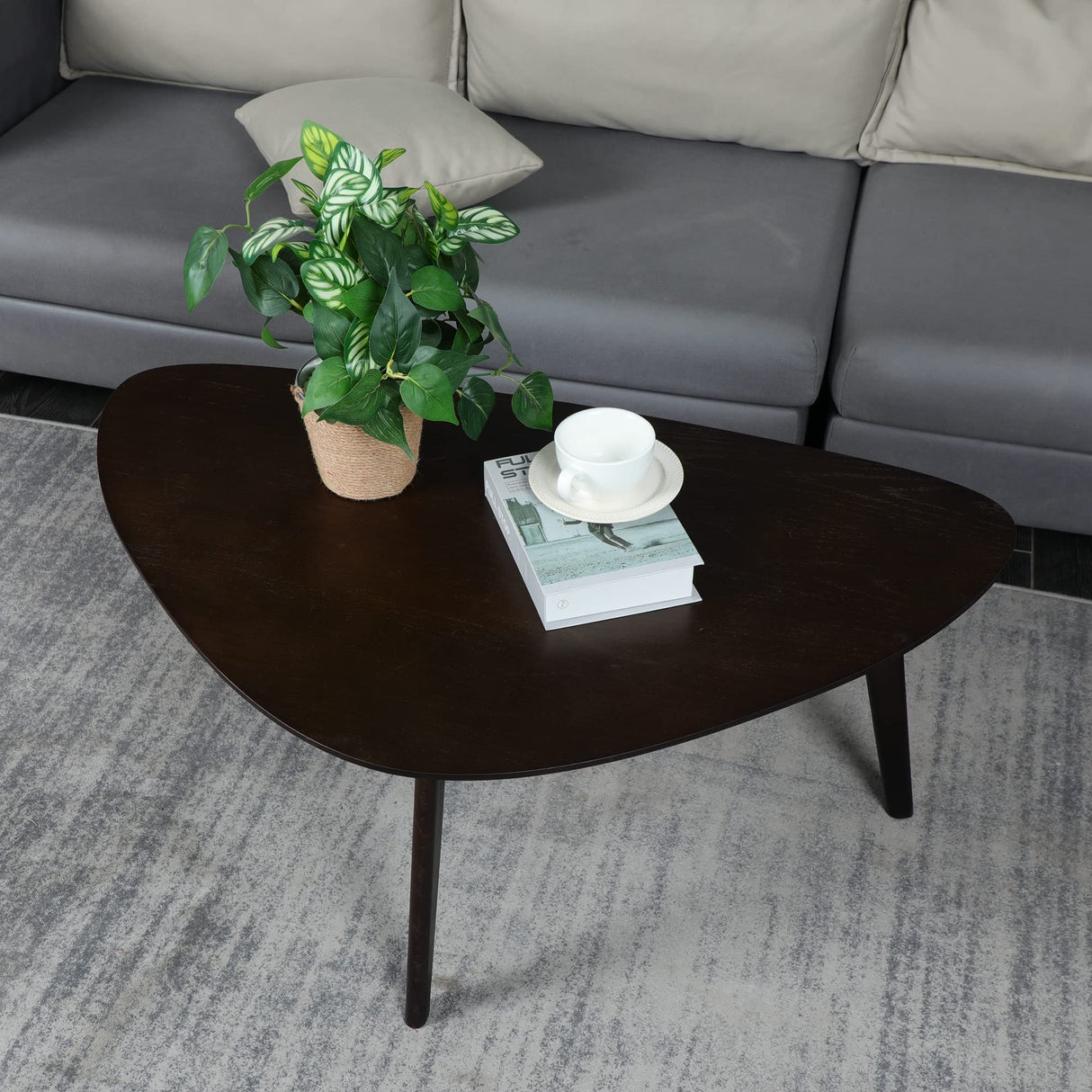 Oval Coffee Table Mid Century Modern Small Wood Coffee Tables Chic Triangle Design for Home Office Farmhouse Furniture Easy Assembly,Black Walnut 38.5" PHOENANCEE