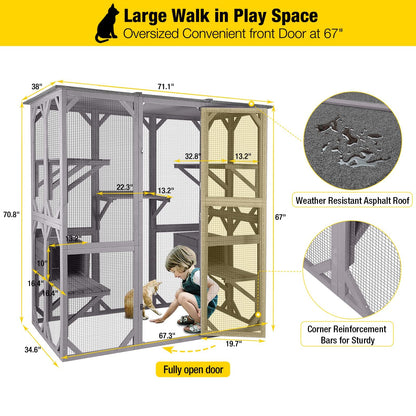 Aivituvin Cat House Outdoor Catio Kitty Enclosure with Super Large Enter Door, Wooden Cat Cage Condo Indoor Playpen with Platforms & Small House-71 Inch