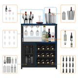 GarveeHome 3-Tier Wine Bar Cabinet with LED Lights, Detachable Wine Rack and Storage Space, Buffet Cabinet with Glass Holder and Mesh Door, for Kitchen, Living Room and Bar, Black GarveeHome