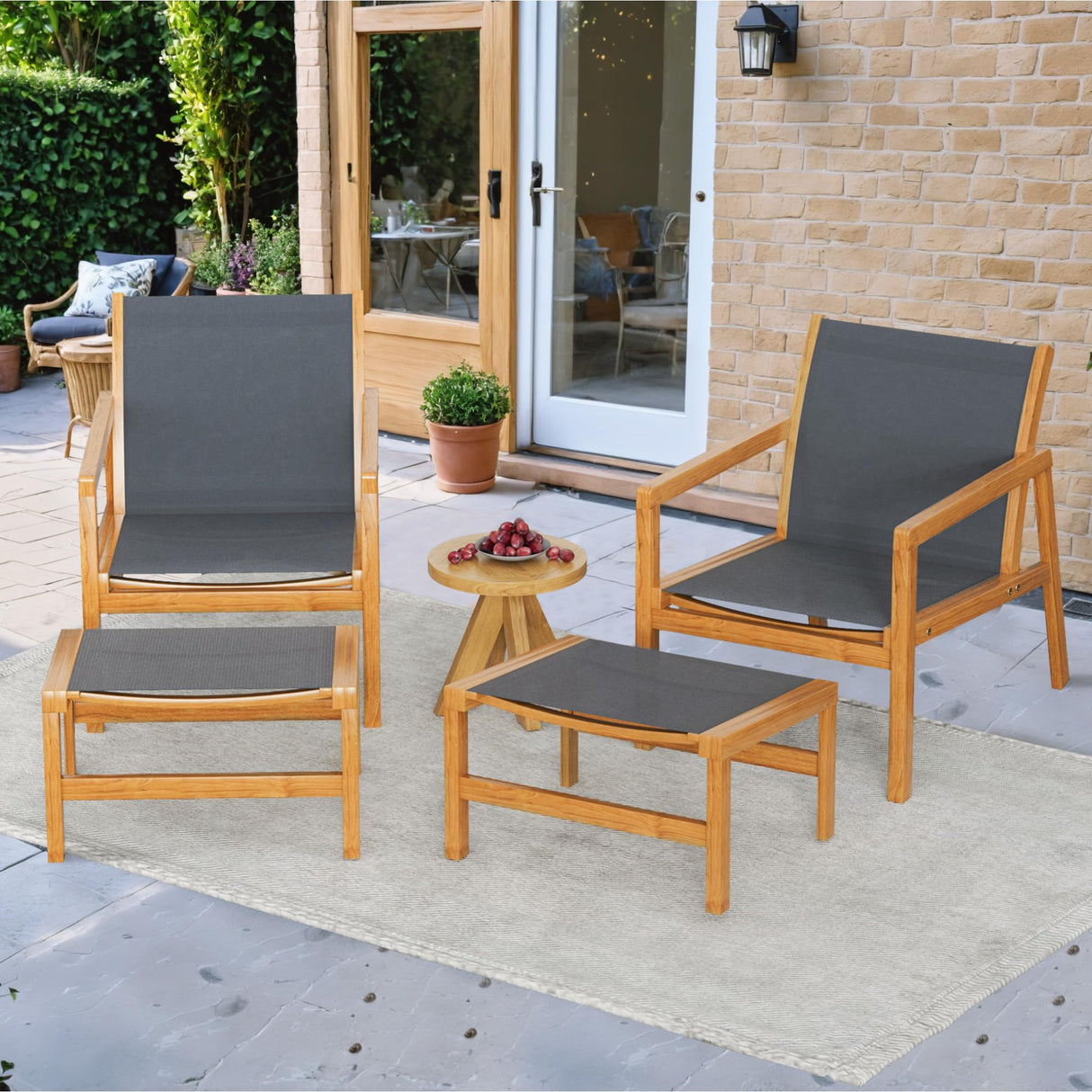 Greesum 4 Piece Furniture Outdoor Acacia Wood Chair with Ottoman for Porch, Balcony, Deck, Patio, Backyard, Gray Greesum