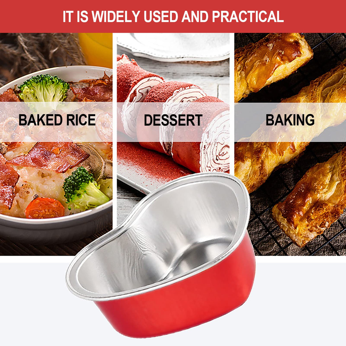 Heart Shaped Cake Pans for Baking with Red Petals, BLVRYVIO 50 Sets Aluminum Cupcake Cups with Lids, 100 ml/ 3.5 Ounces Red Disposable Mini Foil Pans for Valentine's Day Wedding Parties BLVRYVIO