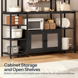 HOOBRO Bakers Rack with Power Outlet and LED Light, 59.1'' Industrial Microwave Stand, Coffee Bar Cabinet with Storage, Goblet Holder & 6-S Hooks, Kitchen Storage Shelf with Cabinet, Black BB17UDHB01 HOOBRO