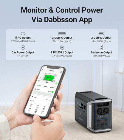 Dabbsson Portable Power Station DBS2300, 2330Wh EV Semi-solid State LiFePO4 Home Battery Backup, Max 8330Wh, 5×2200W AC Outlets, Solar Generator for Camping, Home Backup, Emergency, RV - WoodArtSupply